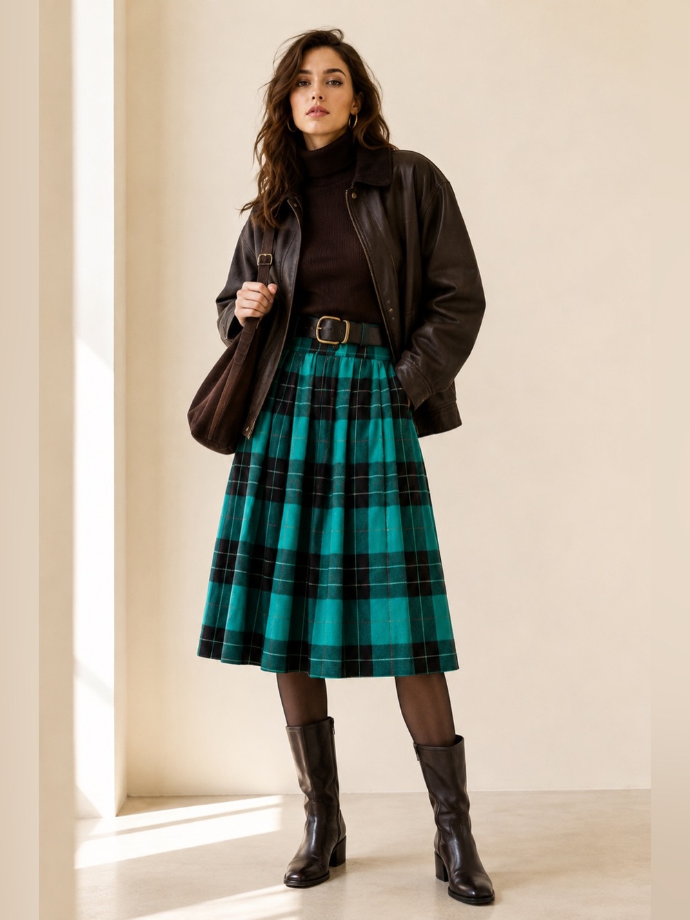 Vintage 80s Pure Wool Pleated Tartan Midi Skirt Emerald Magenta Sz 8